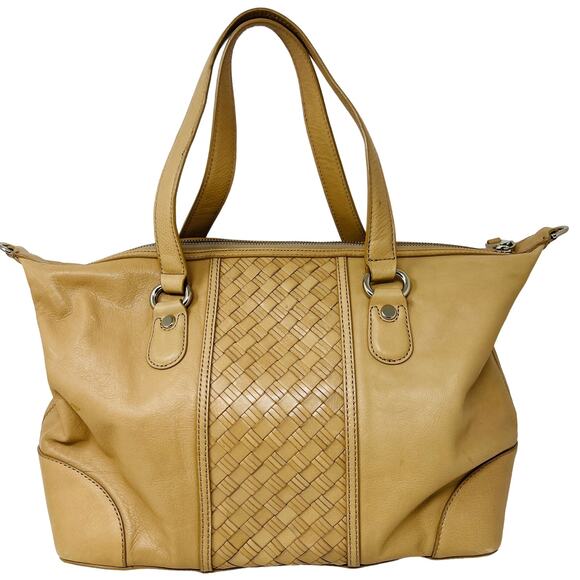 Cole Haan Smooth Leather Basket Weave Shoulder Bag Satchel Tan Gold - Picture 1 of 9